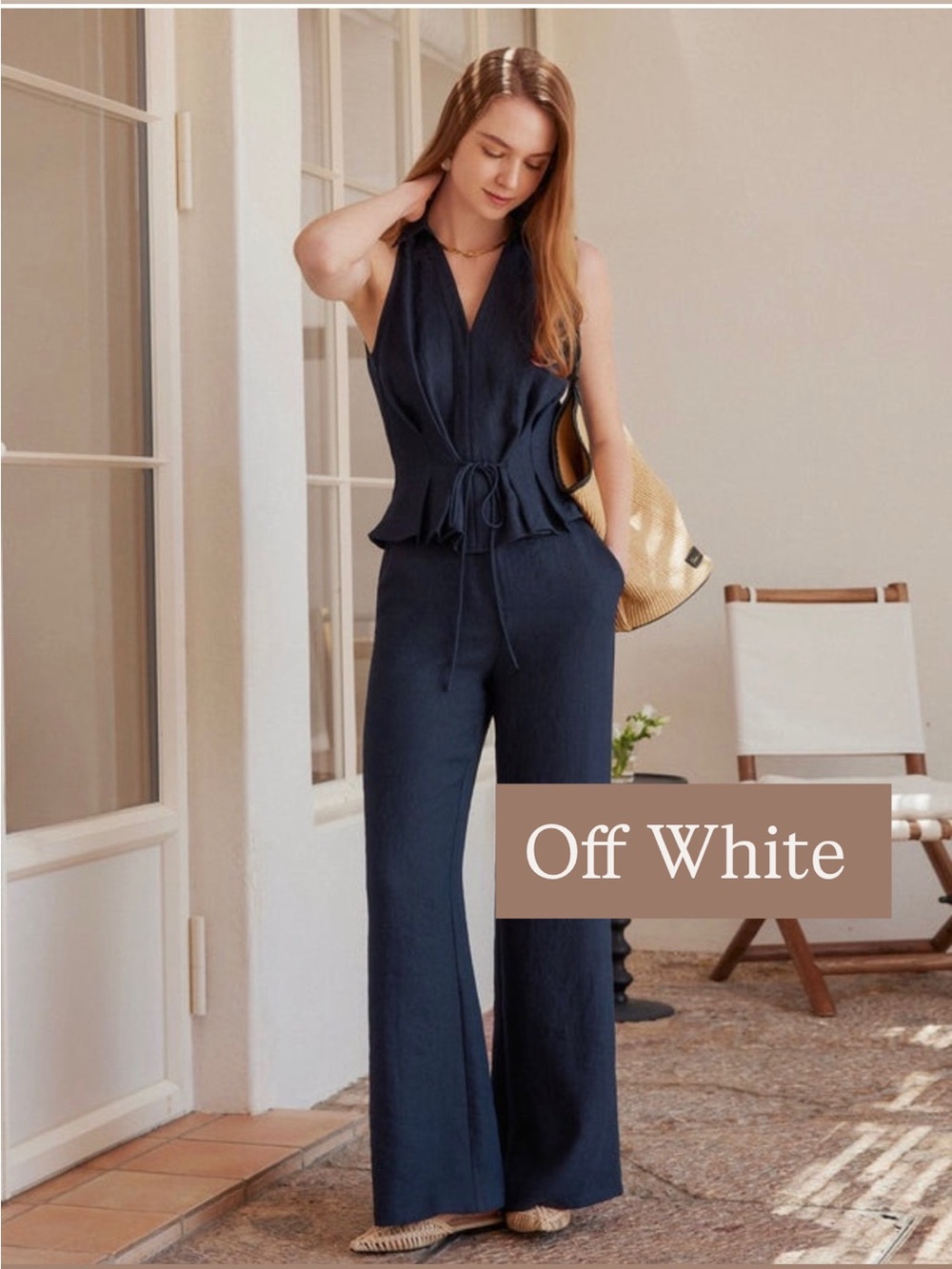 OGL Viscose-Linen Weave
2Pcs Set Collared V-neck Sleeveless Top & Mid Rise Flare